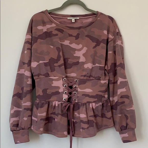 Express Tops - Express Camo Corset Waist Sweatshirt